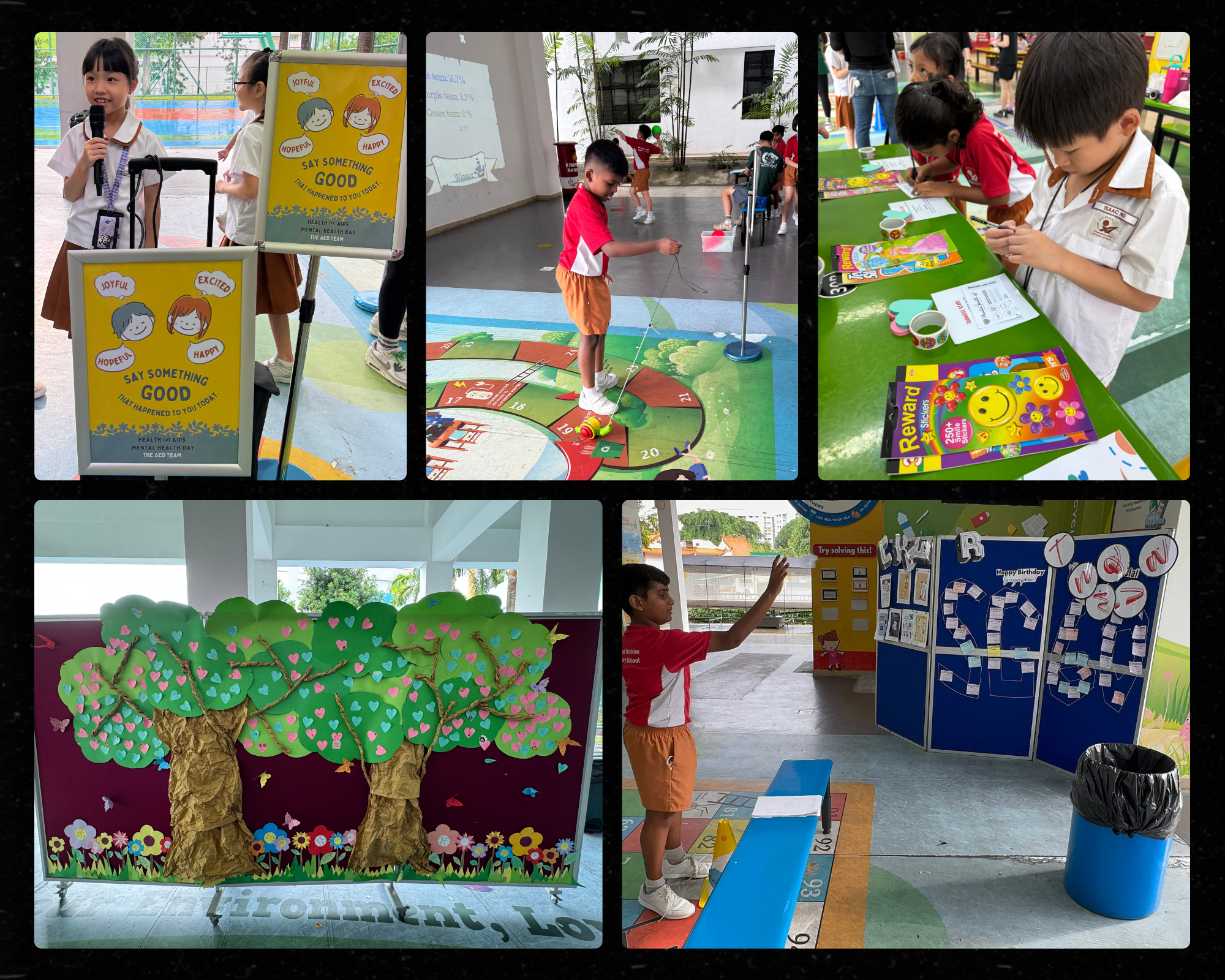 Collage of Mental Health Day activities: posters, games, crafts, and a tree display.
