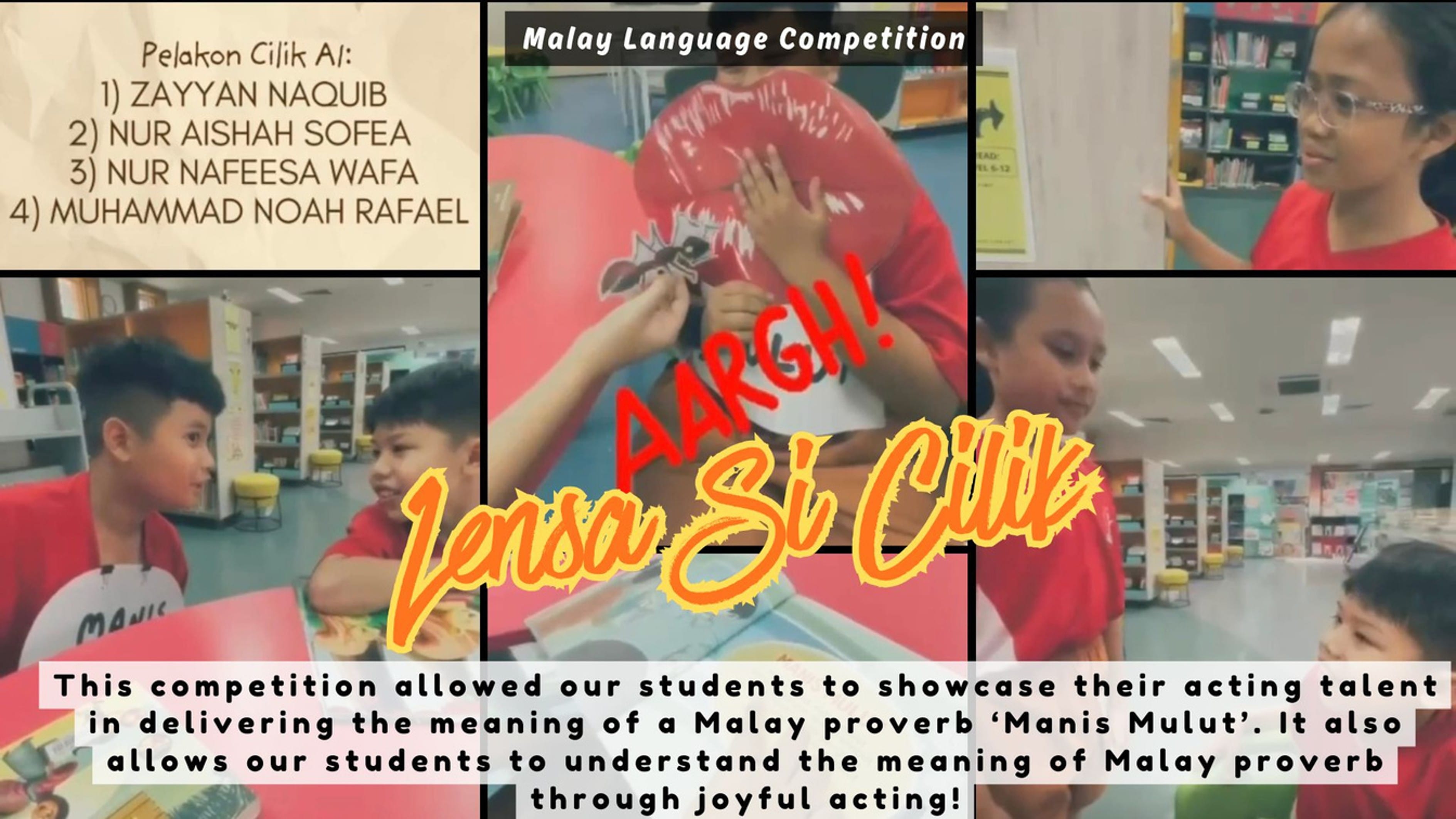 A collage of children in red shirts acting in a Malay Language Competition called Lensa Si Cilik in a library.