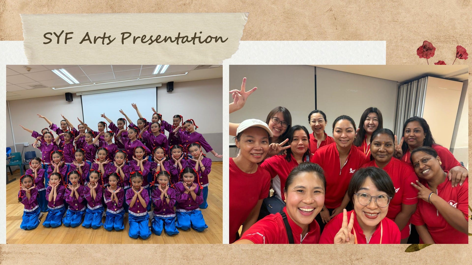 Two photos from SYF Arts Presentation: girls in purple and blue dance costumes posing, and smiling adults in red shirts.