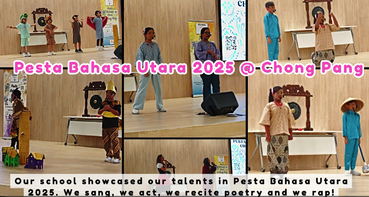 Students in traditional costumes perform on stage at Pesta Bahasa Utara 2025 at Chong Pang school event.