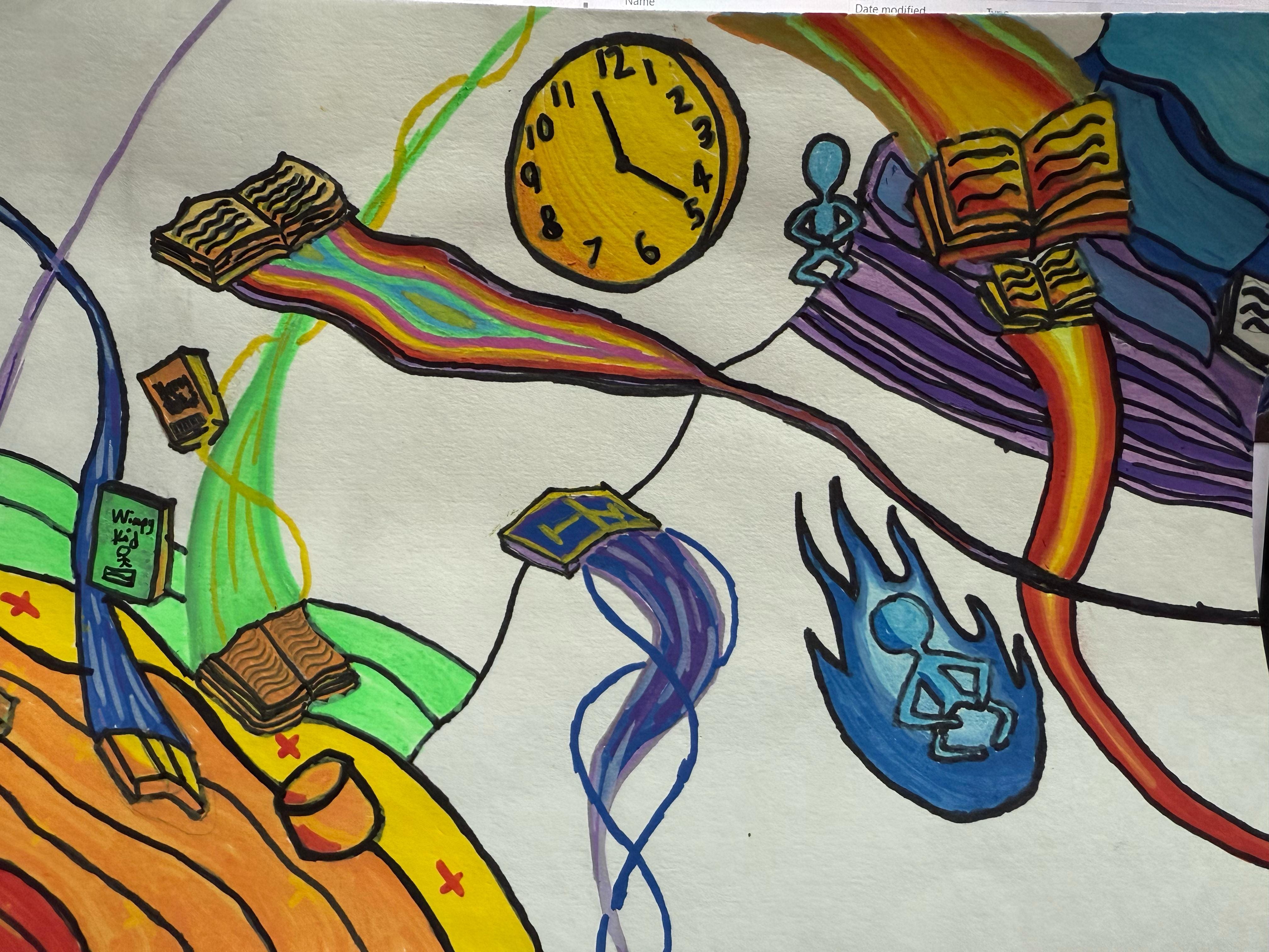 Colorful hand-drawn artwork with floating books, a yellow clock, rainbows, blue flames, and swirling ribbon shapes.