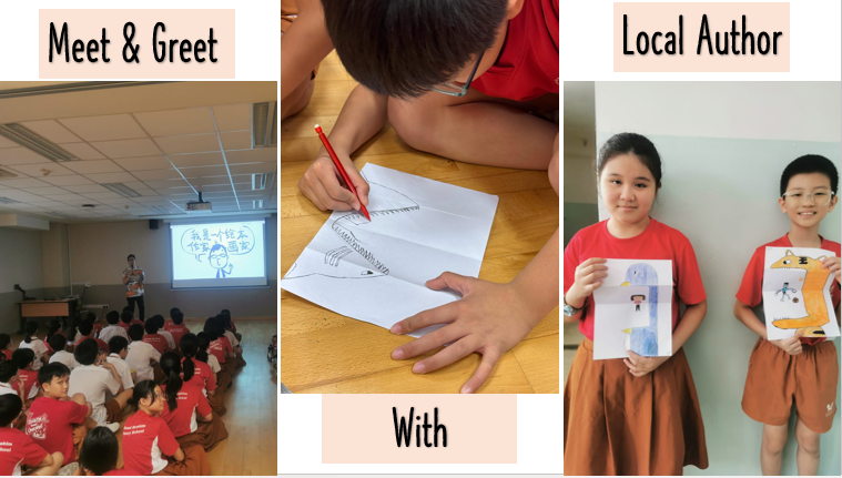 Three photos showing a Meet and Greet with a Local Author: students in an auditorium, a child drawing, and two kids holding artwork.