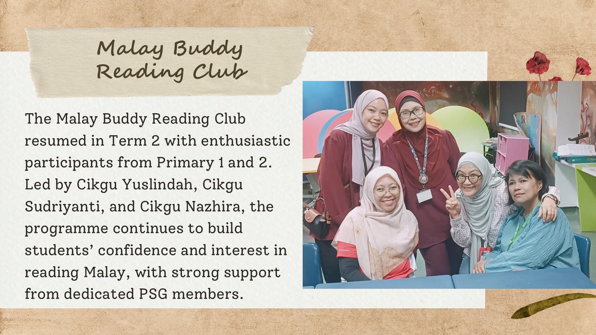 Five smiling women, some wearing hijabs, pose together indoors beside colorful furniture for the Malay Buddy Reading Club.