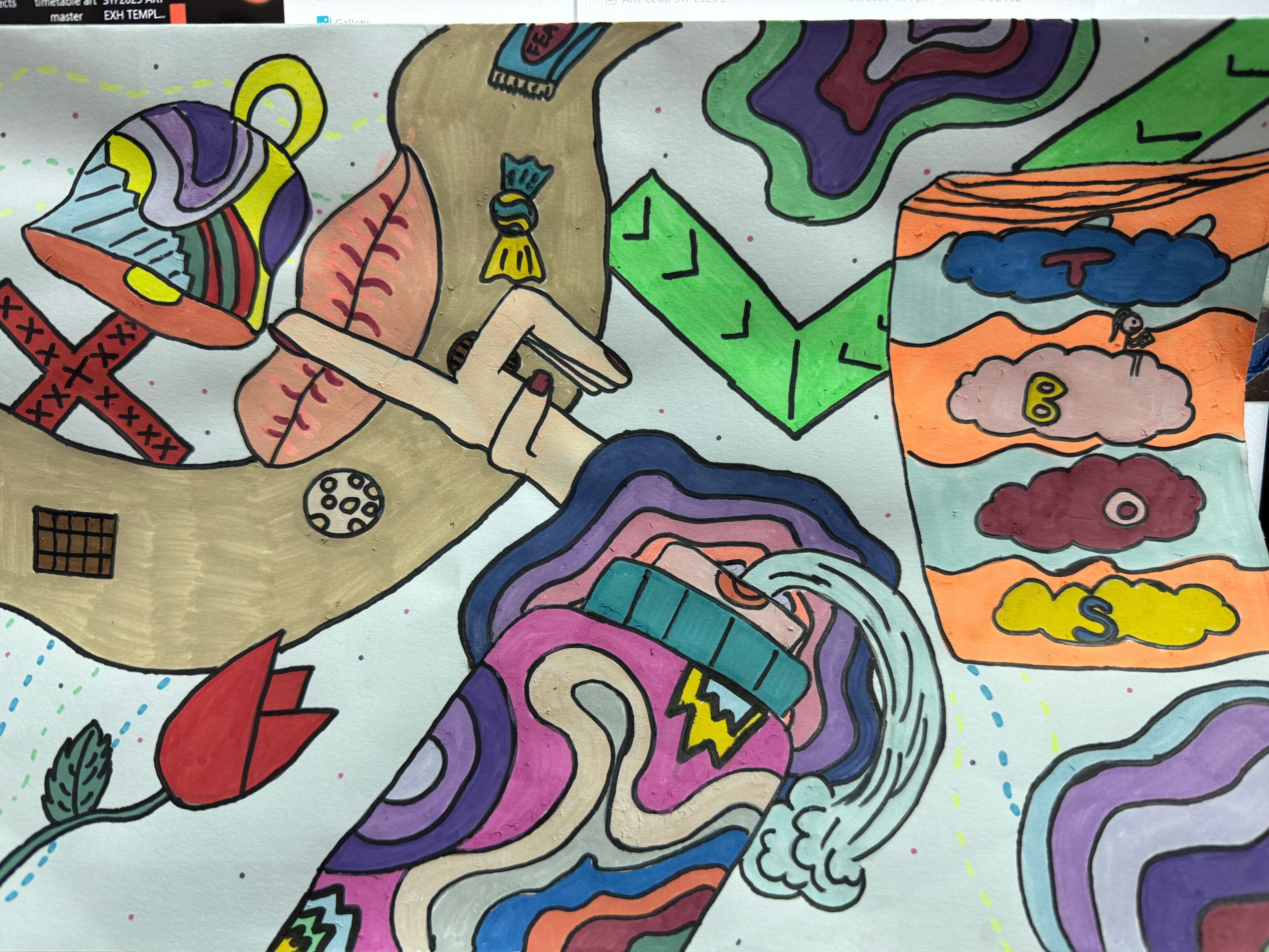 Colorful hand-drawn artwork with bold outlines featuring abstract shapes, clouds with letters, a rose, and swirling patterns.