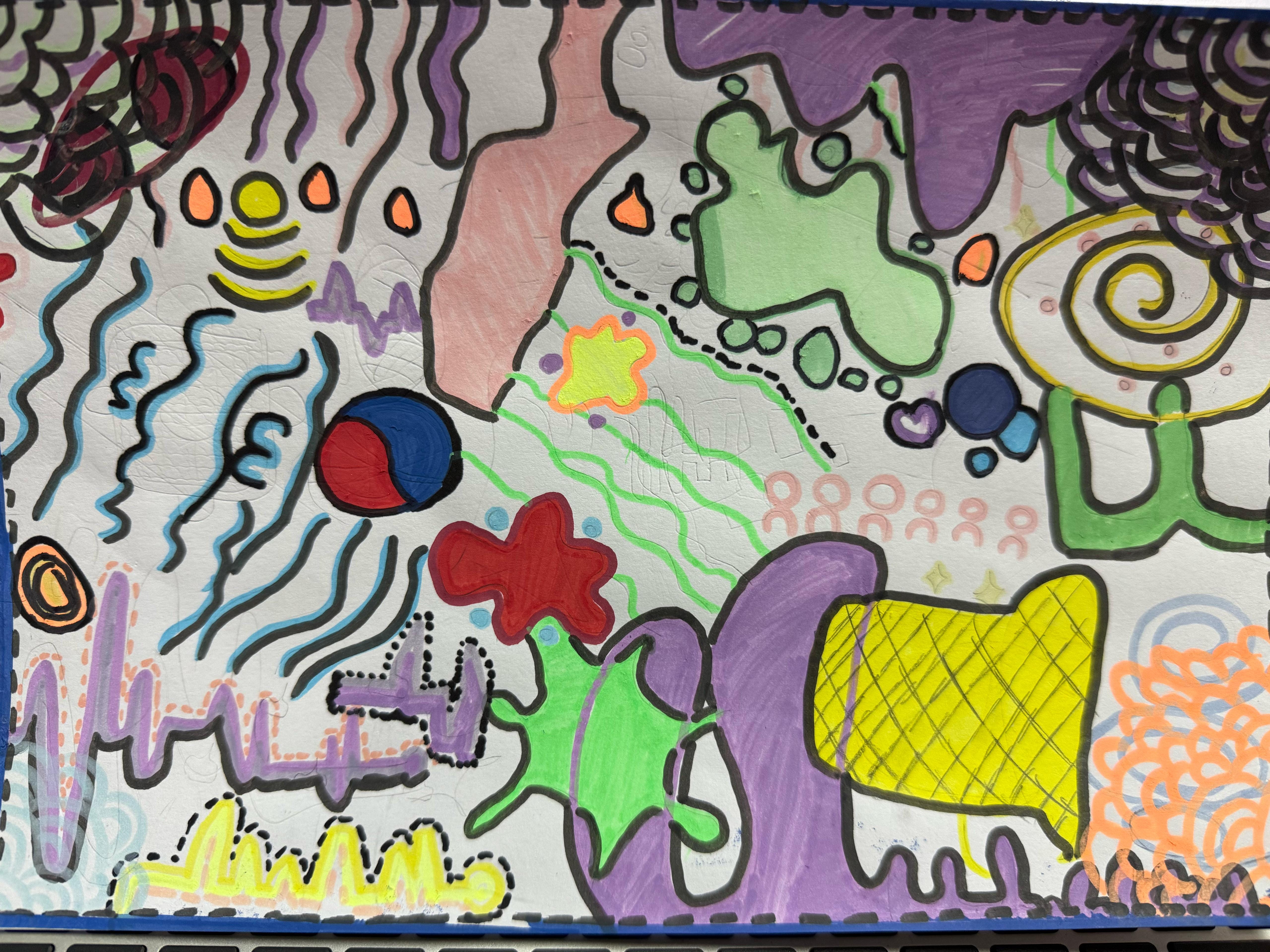 Colorful abstract drawing with swirls, blobs, and squiggles in purple, green, yellow, red, and blue on white paper.
