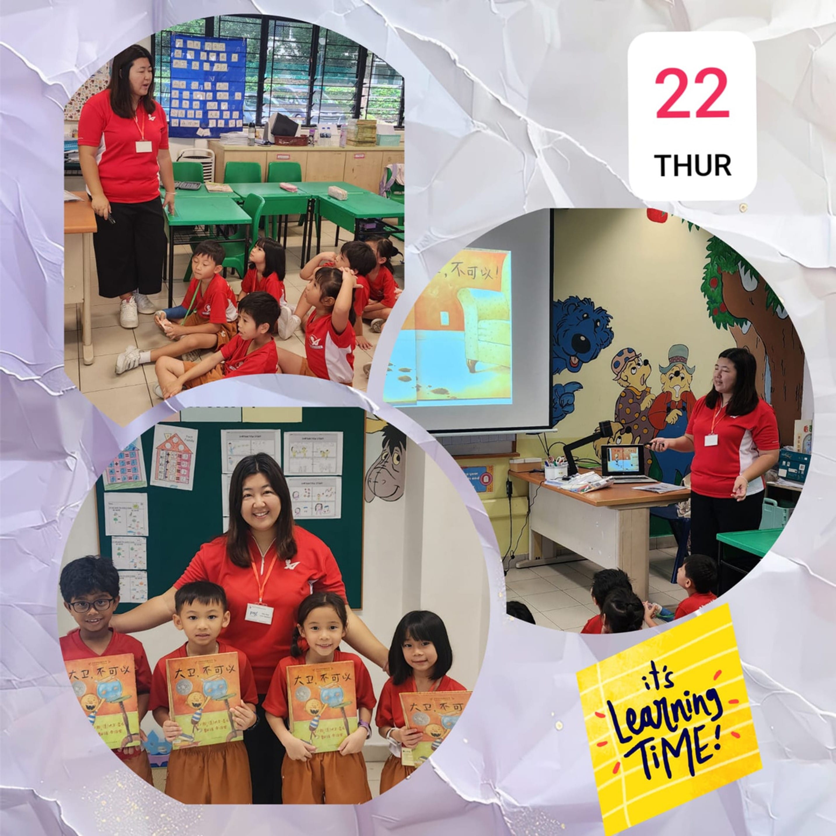 Three classroom scenes showing a teacher in red with young students learning, holding Chinese books, labeled Thursday 22.