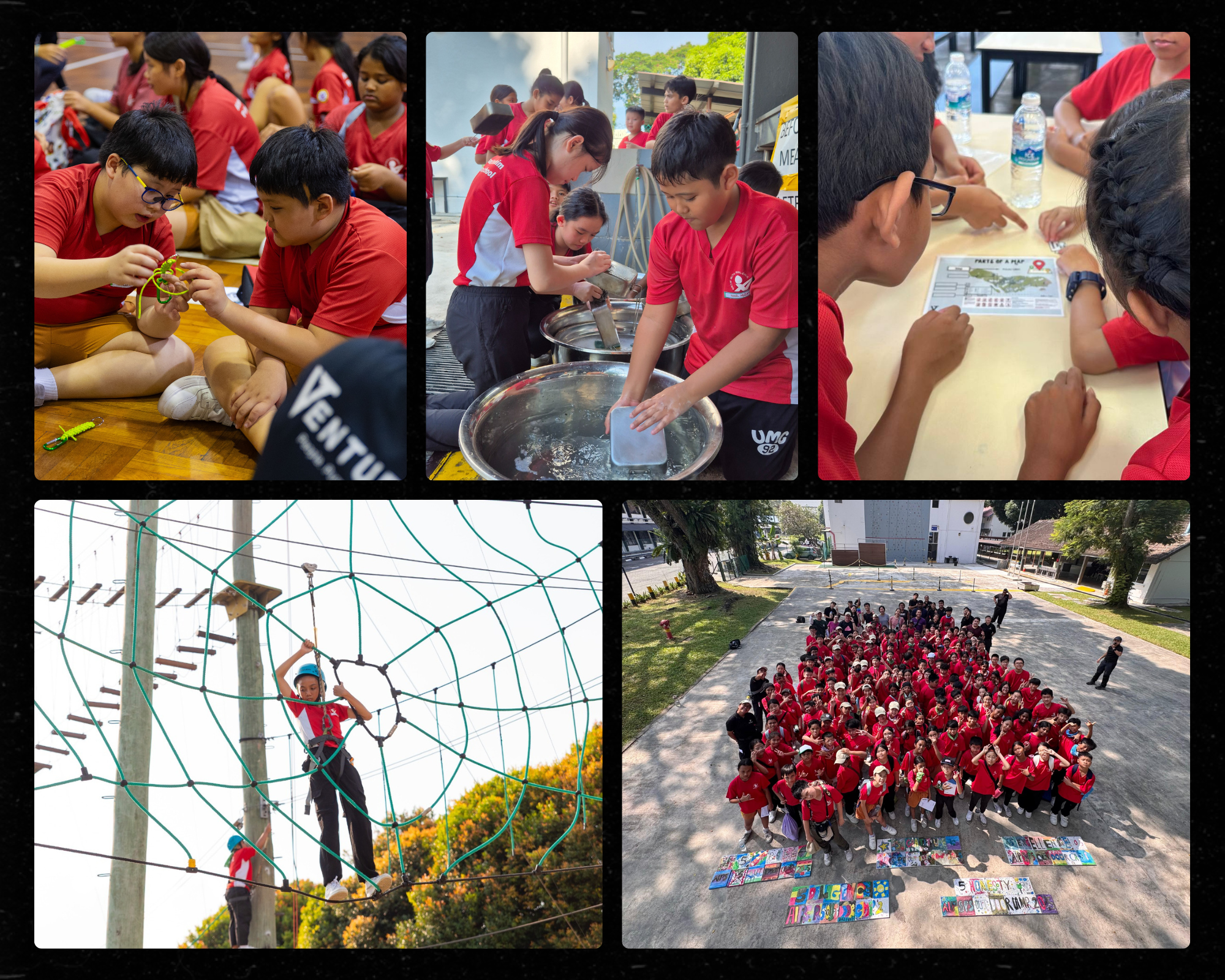 Collage of camp activities: crafts, teamwork tasks, rope course, and a large group photo.
