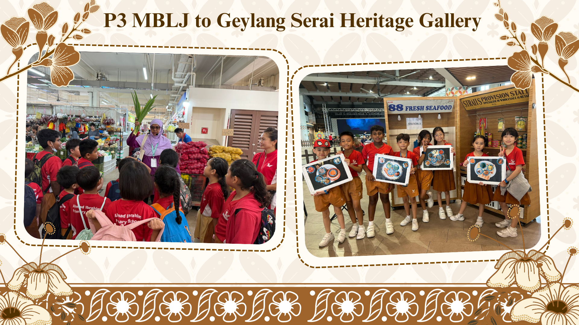 Primary 3 students in red uniforms visit Geylang Serai Heritage Gallery, viewing a market and holding artwork.