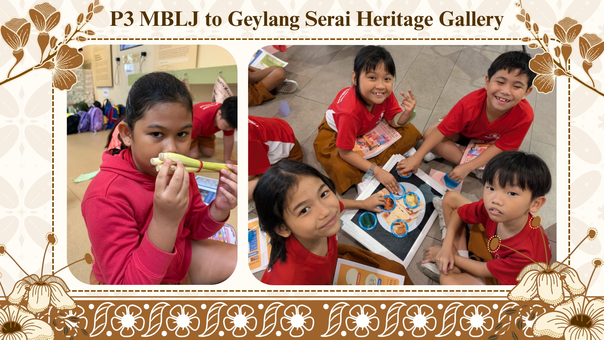 Primary 3 students in red shirts at Geylang Serai Heritage Gallery, exploring exhibits and worksheets on the floor.