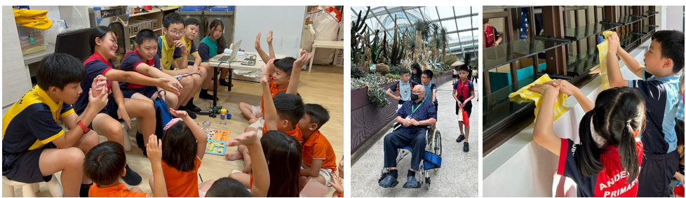 Three scenes: children playing a game indoors, kids with an elderly man in a wheelchair in a greenhouse, and children cleaning a window.