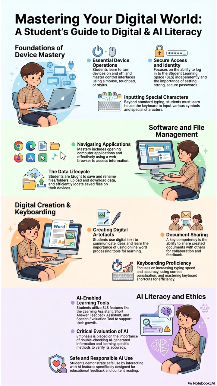 Infographic titled Mastering Your Digital World covering device mastery, software, digital creation, and AI literacy for students.