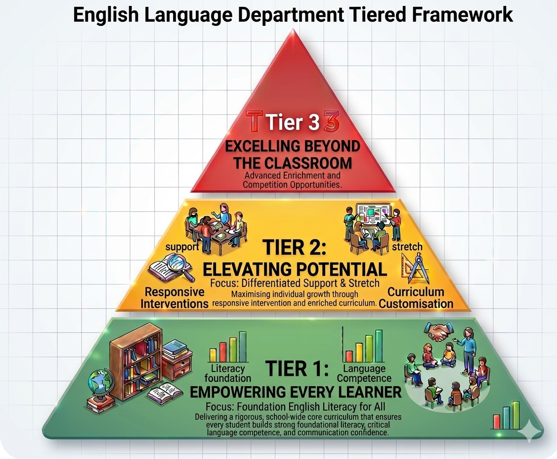 A three-tier pyramid showing the English Language Department Tiered Framework with Tier 1, 2, and 3 levels.