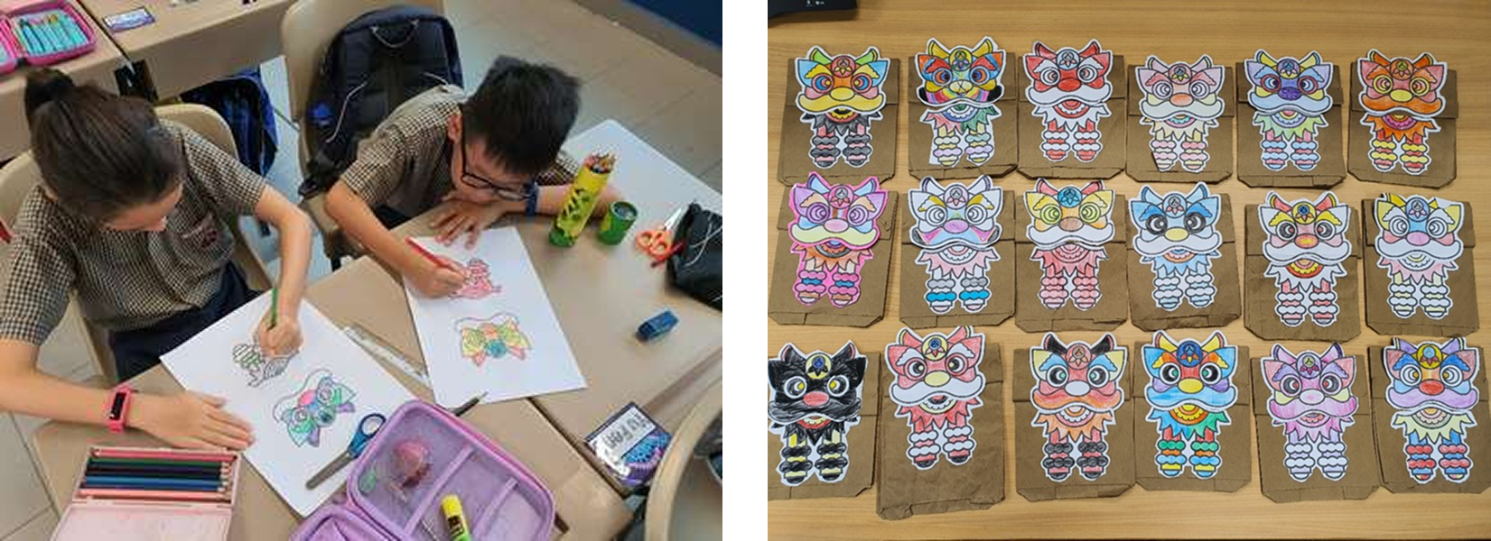 Two students color animal mask drawings at desks; beside them are 18 colorful cutout masks on cardboard.