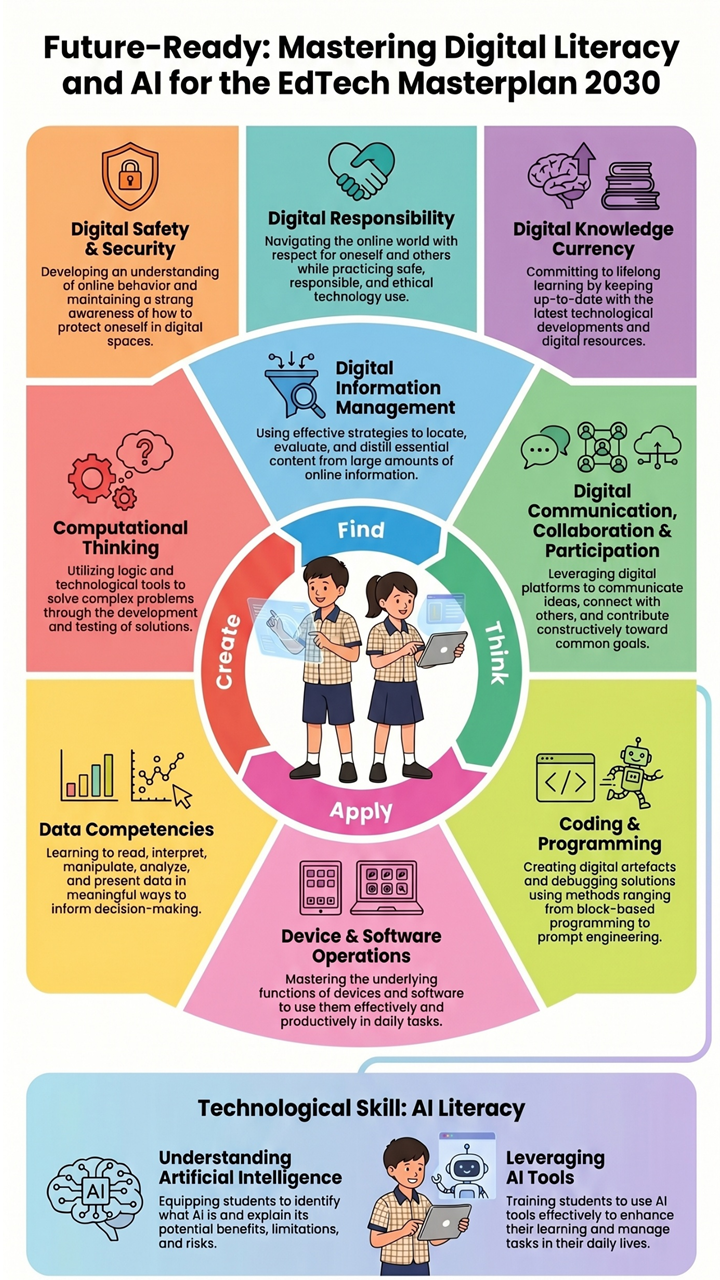 Infographic showing digital literacy skills for EdTech Masterplan 2030, with eight color-coded sections around two students.