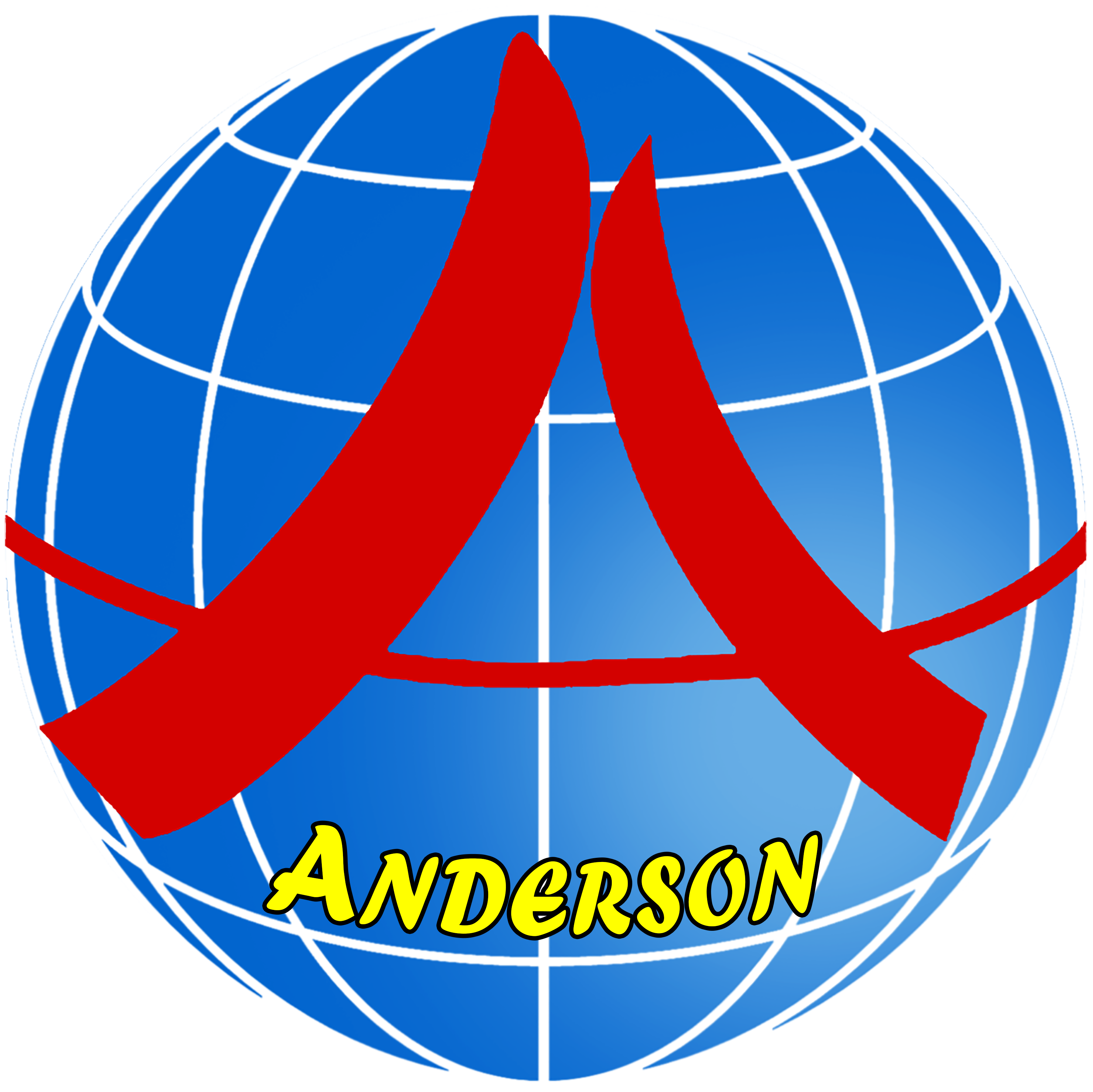 Blue globe with white grid lines, a large red letter A overlay, and yellow bold text reading Anderson at the bottom.