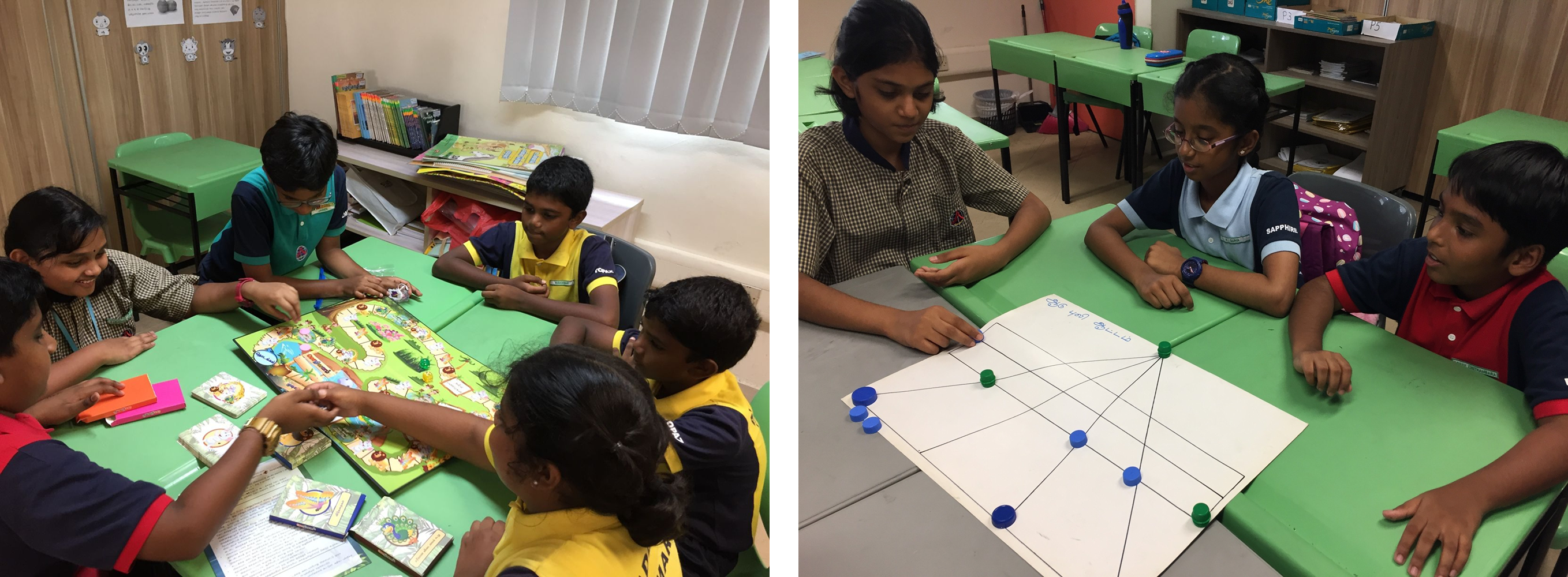 Two photos of students playing Tamil-language board games: a group gathered around a colourful jungle-themed board game, and three students playing a strategy game with bottle-cap counters on a hand-drawn board.
