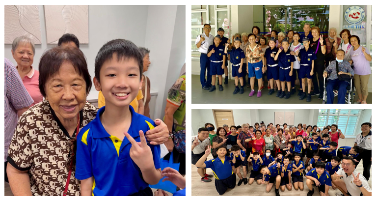 Students in blue uniforms pose with elderly people indoors across three group photos.