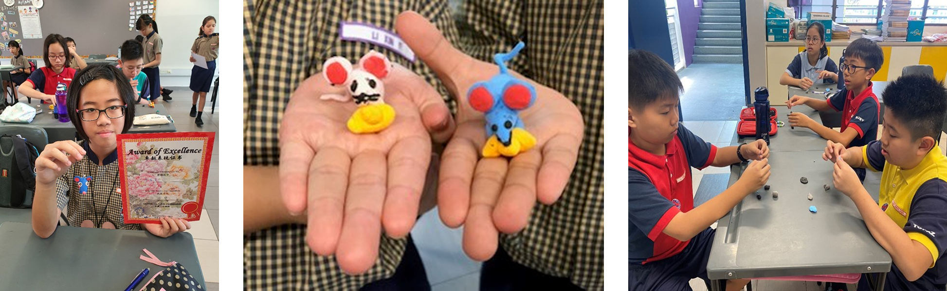 Students in a classroom show clay mouse figures; one holds a certificate while others sculpt at a table.