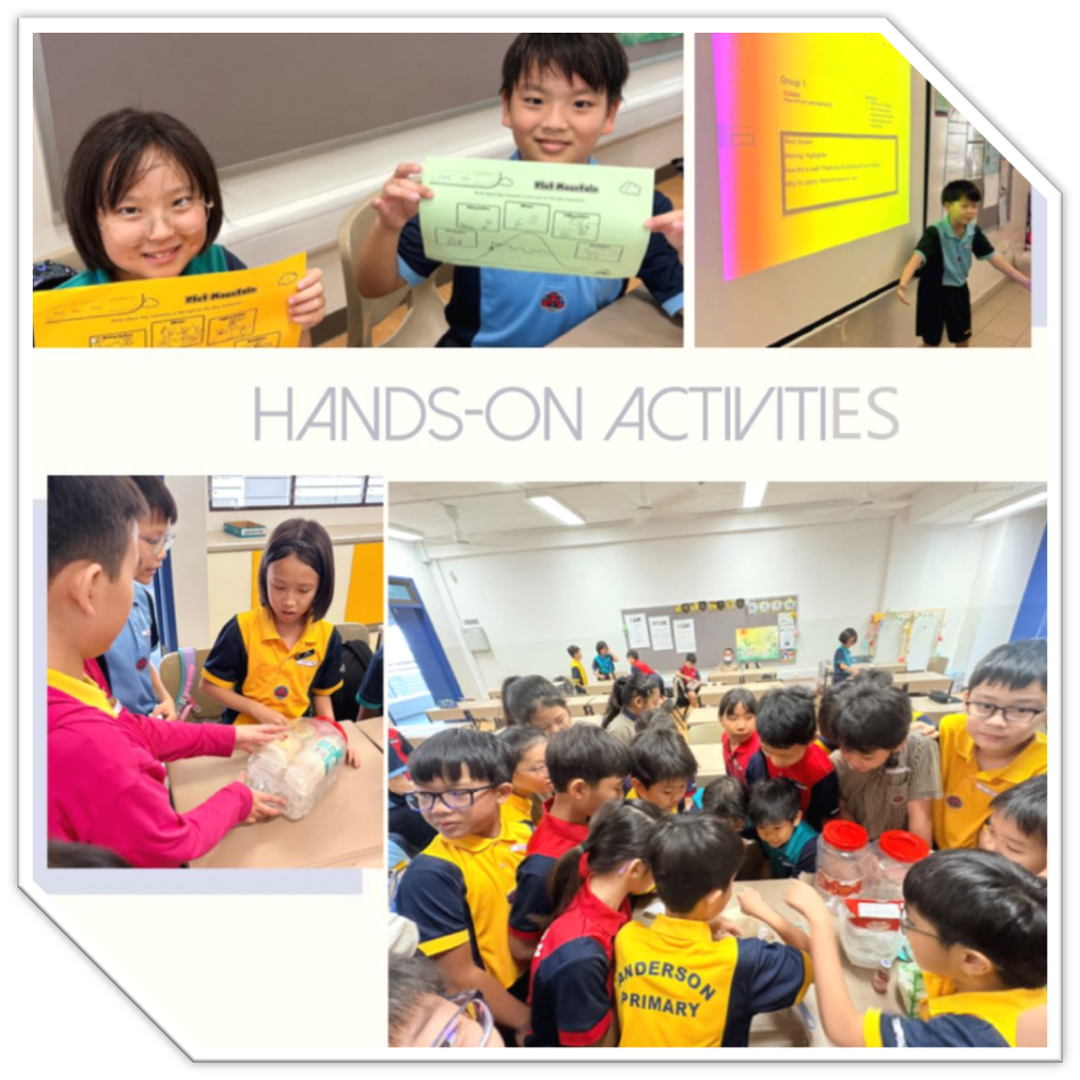 A collage of primary school students doing hands-on activities, holding worksheets, presenting, and gathered around bottles.