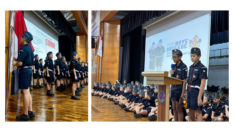 Children in Boys Brigade uniforms stand in formation by a flag on the left, while two speak at a podium on the right.