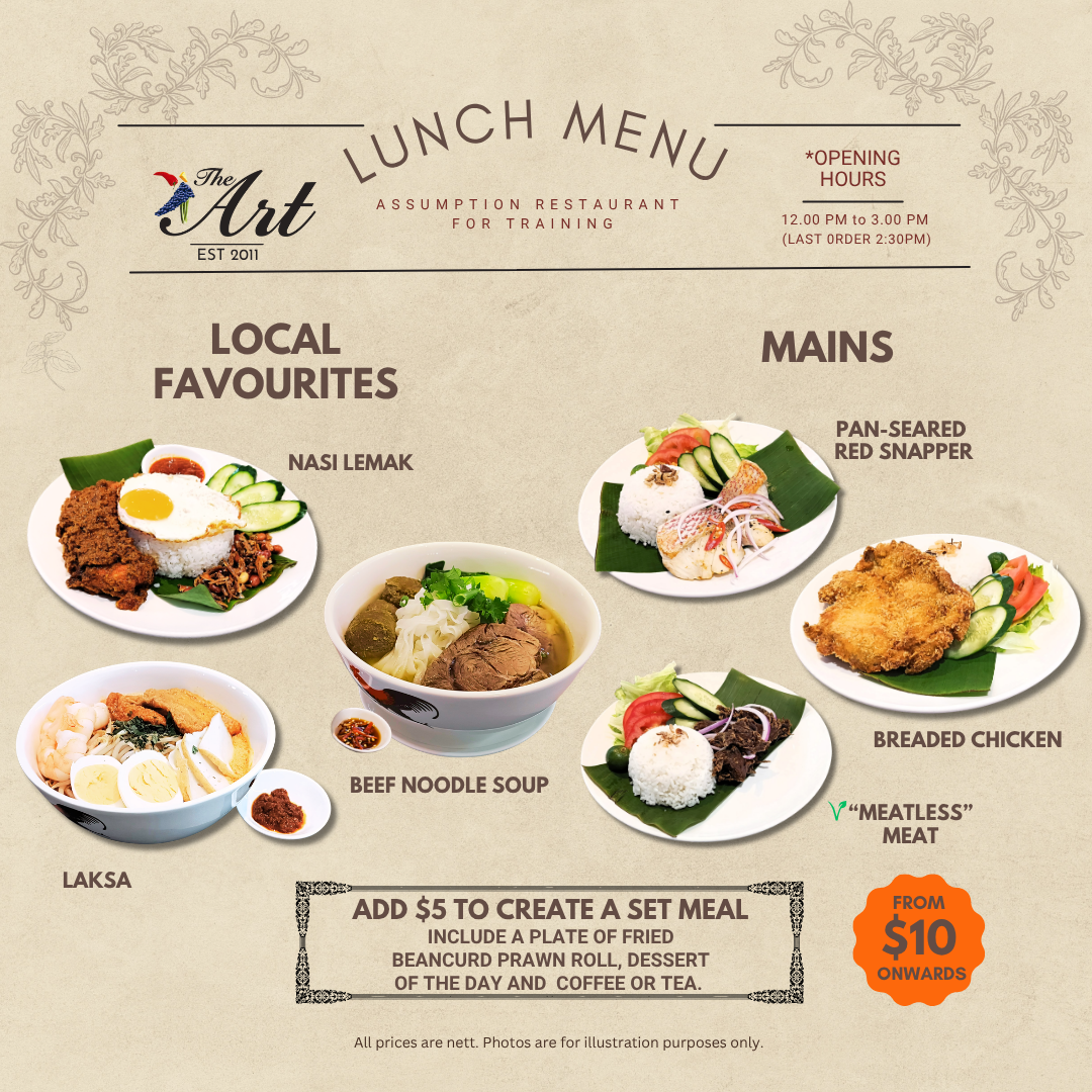 Lunch menu poster showing six dishes: nasi lemak, laksa, beef noodle soup, red snapper, breaded chicken, and meatless meat, from $10.