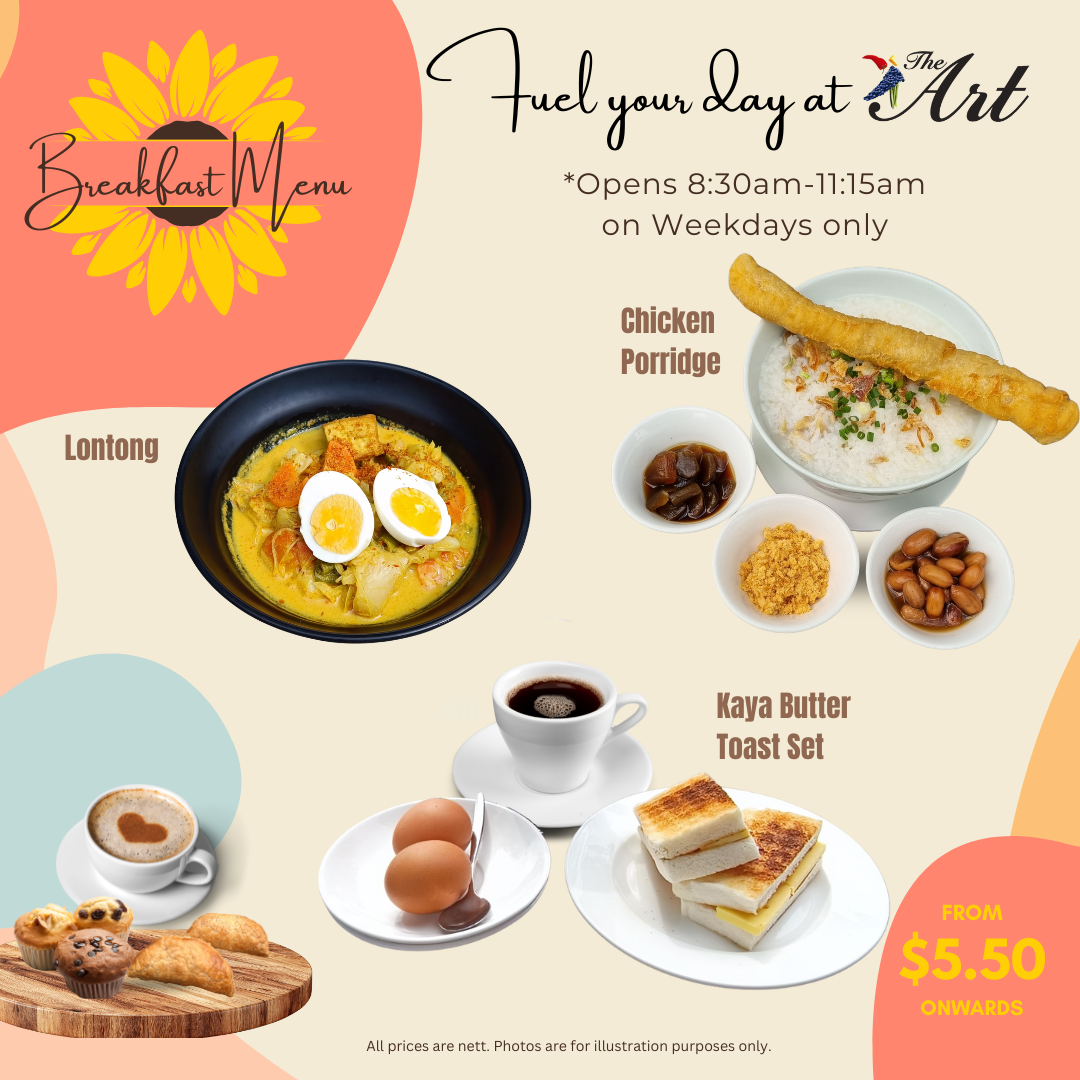 Breakfast menu flyer showing lontong, chicken porridge, and kaya butter toast set, starting from $5.50.