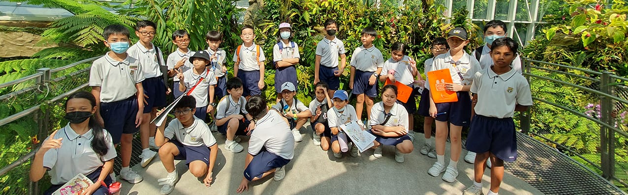 A group of uniformed school children pose on a walkway surrounded by lush tropical plants.