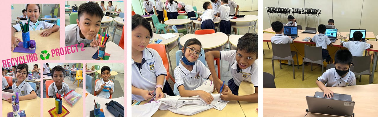 Students in white uniforms work on a recycling project and use laptops in a classroom setting.