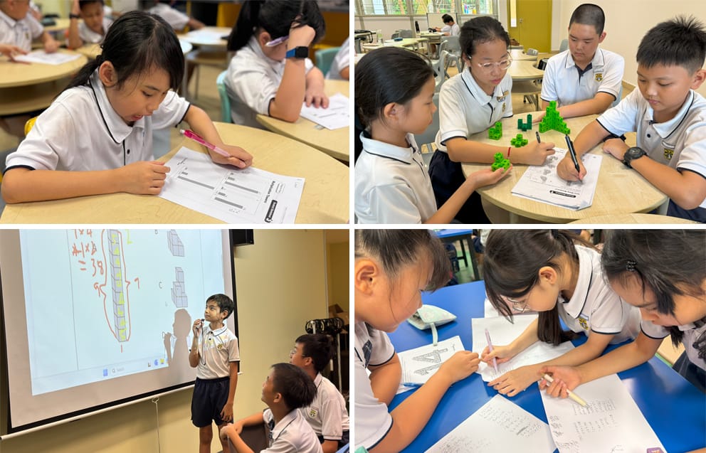 Four scenes of young students in white uniforms doing math activities, including writing, building blocks, and presenting at a board.