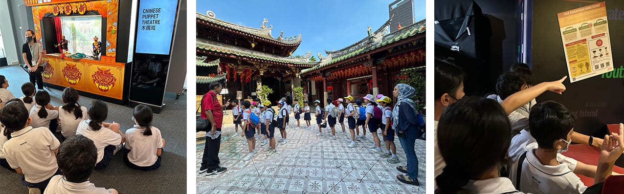 Three scenes of a school field trip: kids watching a Chinese puppet theatre, touring a temple courtyard, and viewing a museum exhibit.