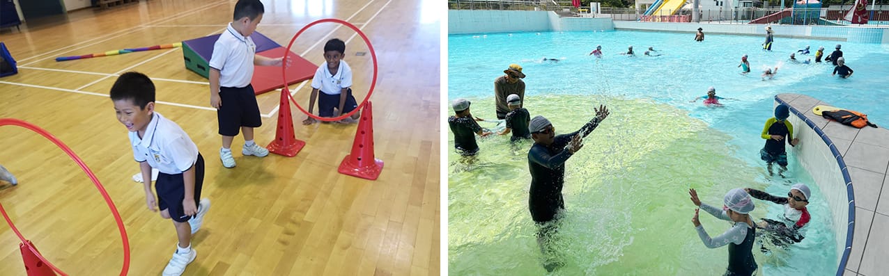 Children do gym activities with hoops and cones indoors, while a group of people play in an outdoor pool.