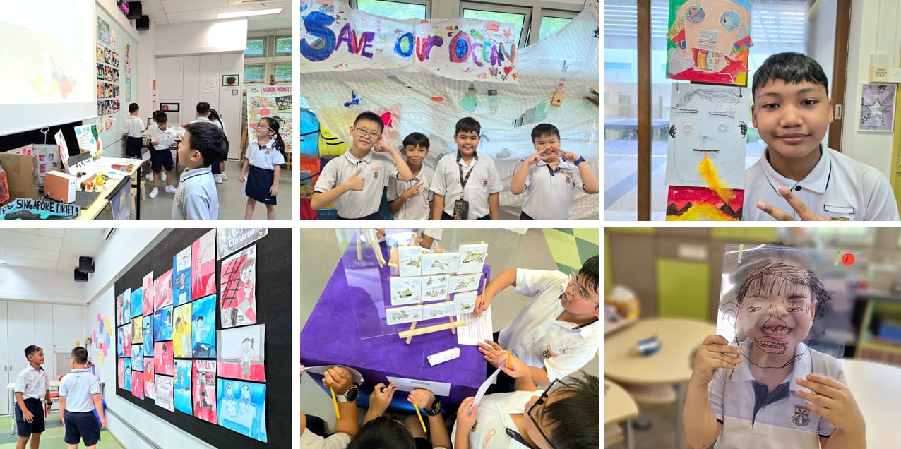 Six photos of school students displaying artwork, including ocean-themed posters, colorful paintings, and a transparent self-portrait drawing.