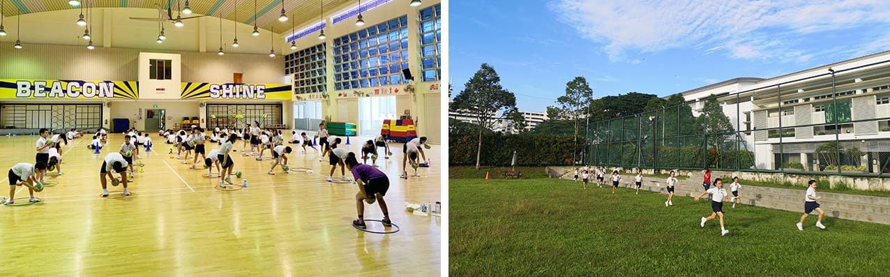 Students exercise in a gym labeled Beacon Shine and run outdoors on a grass field near a school building.