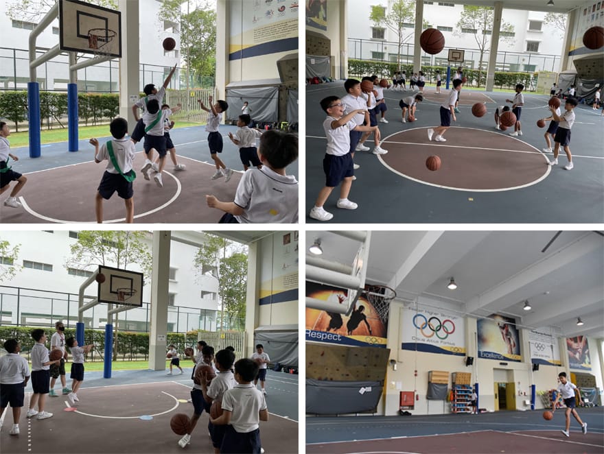 Students in school uniforms practice basketball on outdoor and indoor courts in four photos.