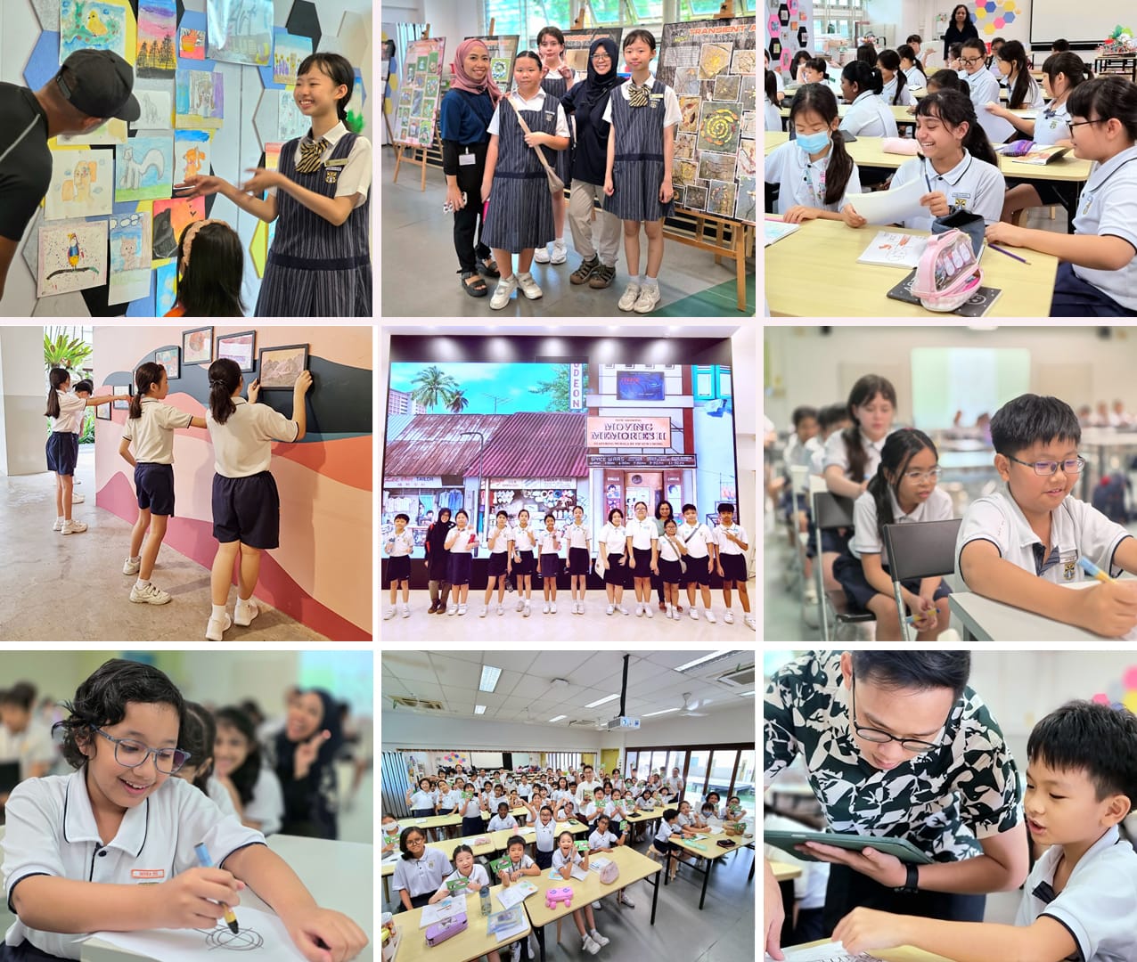 A collage of school students in uniforms doing art activities, group photos, classroom work, and exhibitions.
