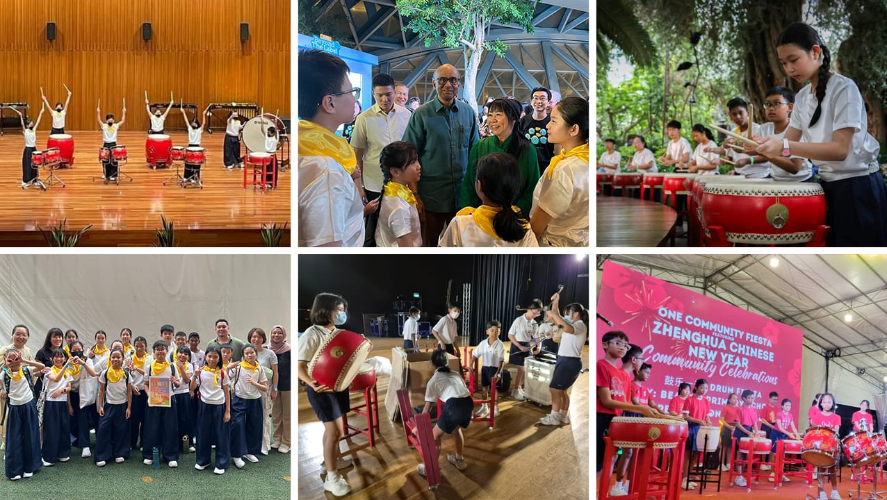 Collage of students performing Chinese drumming at various events, including a community fiesta and indoor stages.