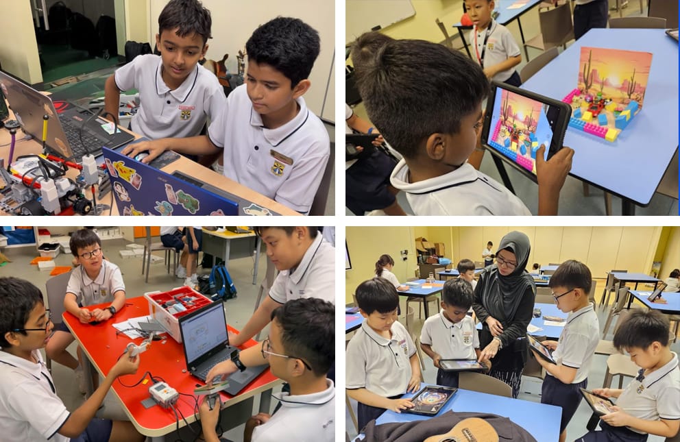 Four scenes of school children in uniforms using laptops, tablets, and robotics kits in a classroom setting.