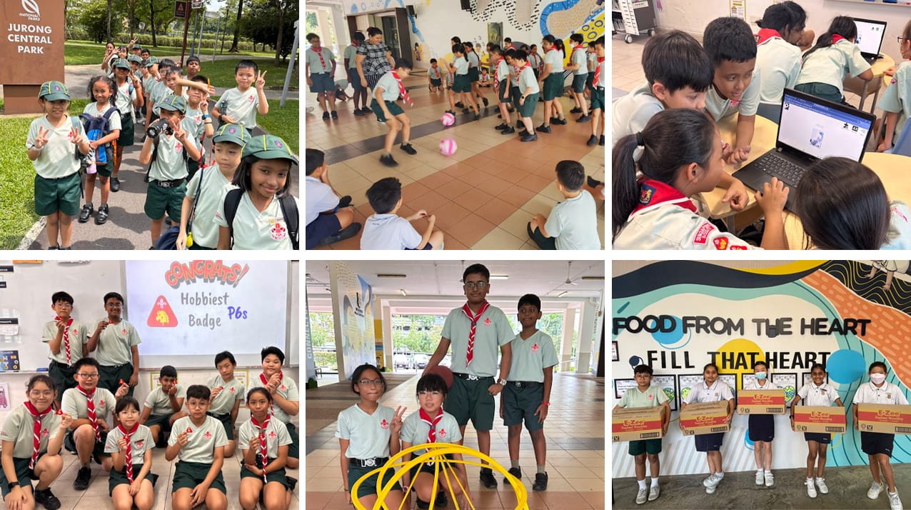 Six photos of uniformed students doing activities: park visit, indoor play, laptop work, badge ceremony, posing, and charity donation.