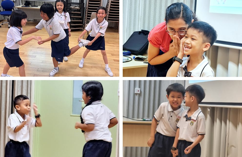 Four photos of young students in school uniforms playing, interacting, and smiling with peers and a teacher.