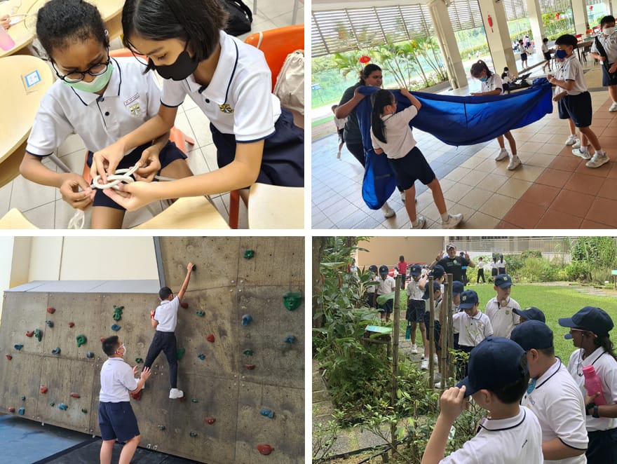 Four scenes of school children in uniform doing activities: rope tying, carrying a tarp, rock climbing, and a garden walk.