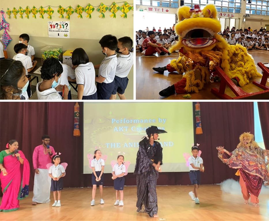 Three school scenes: students at a classroom activity, a lion dance performance, and children on stage with costumed performers.