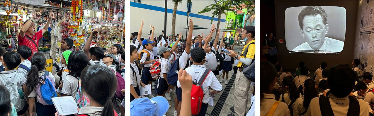 Three scenes of school children on a field trip: at a market stall, outdoors raising hands, and watching a black-and-white TV screen.