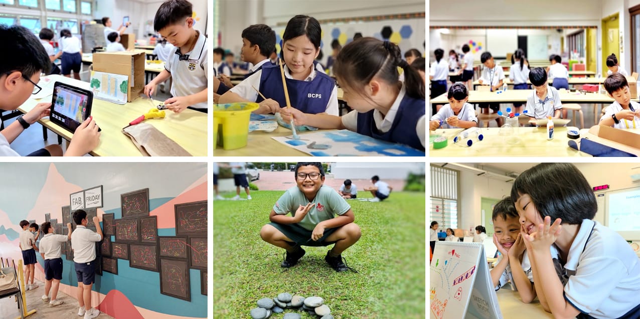 Six-panel collage of primary school children doing art, crafts, science experiments, and outdoor activities.