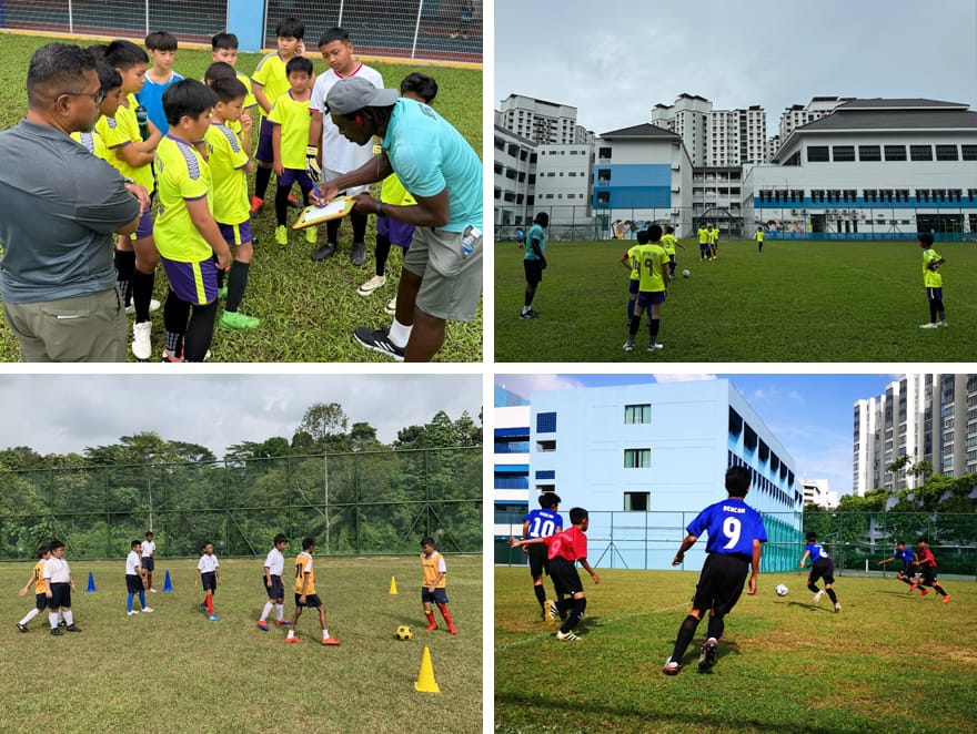Four photos of youth soccer training sessions with coaches instructing children in yellow and blue jerseys on grass fields.