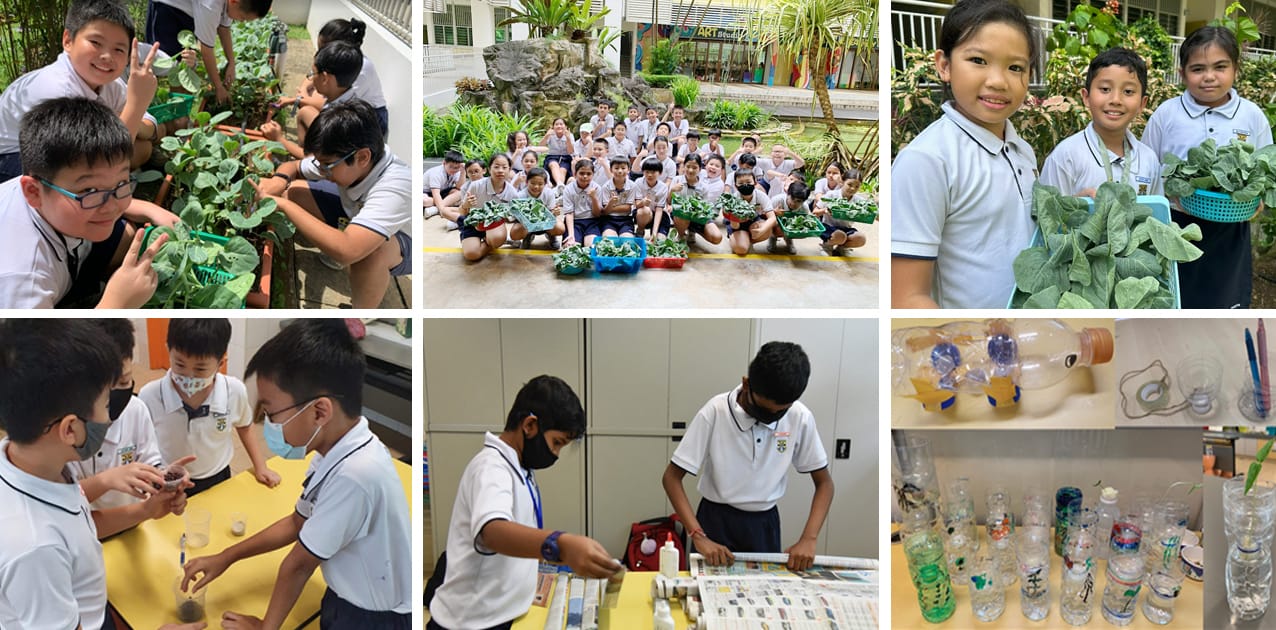 Six photos of school children gardening, doing hands-on activities, and crafting with recycled plastic bottles outdoors and indoors.