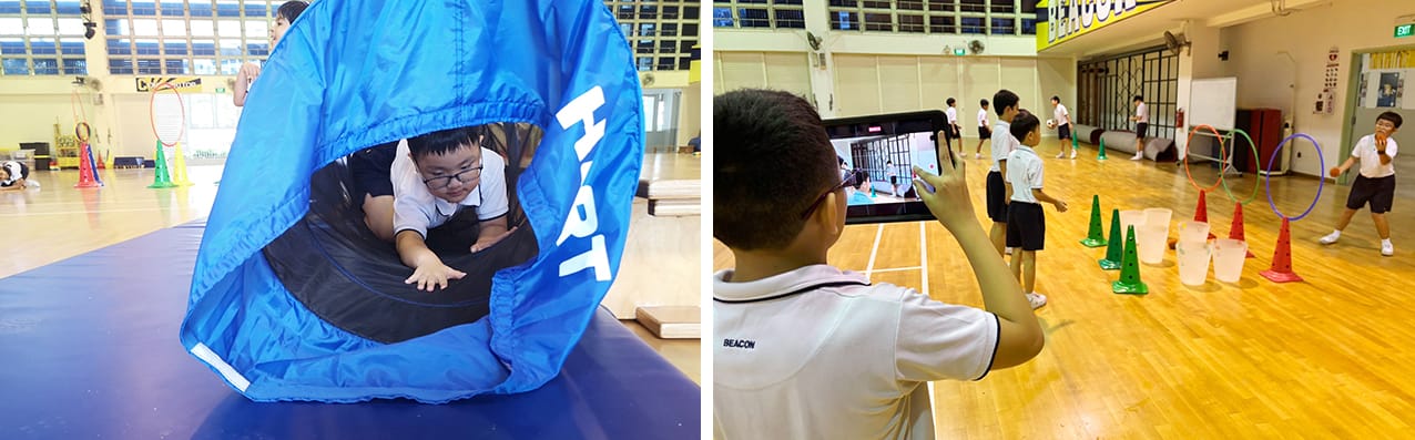 Two school gym scenes: a boy crawling through a blue tunnel, and students doing cone drills while one films on a tablet.