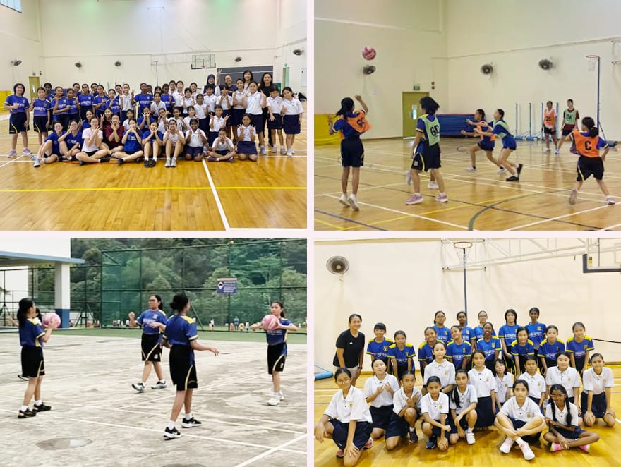 Four photos showing girls in blue and white uniforms playing and posing during netball sessions indoors and outdoors.