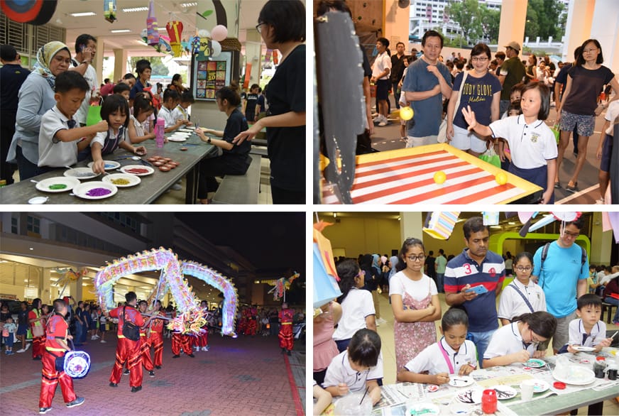 Four scenes from a school festival showing crafts, a ball game, a dragon dance, and children doing art activities.