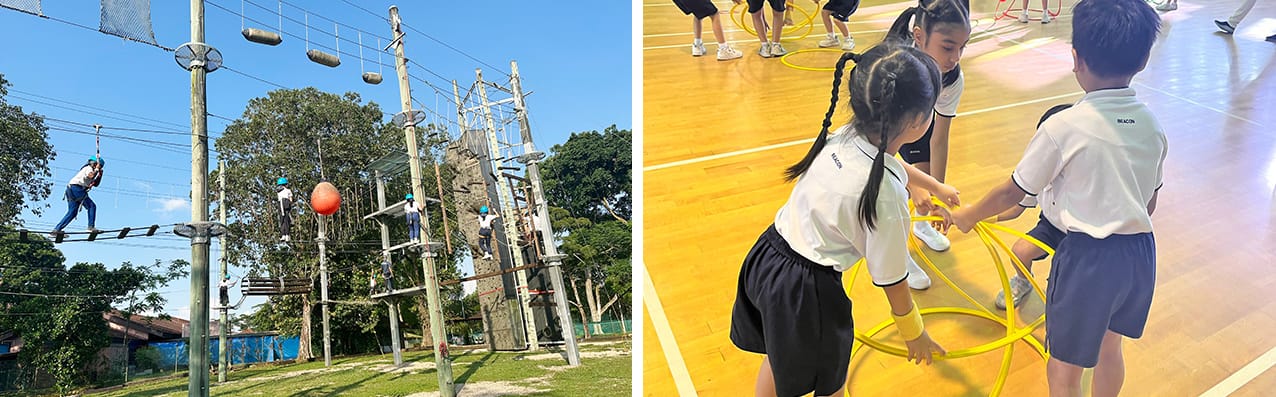 Students on an outdoor high ropes course and two uniformed children handling a yellow hoop in a gymnasium.