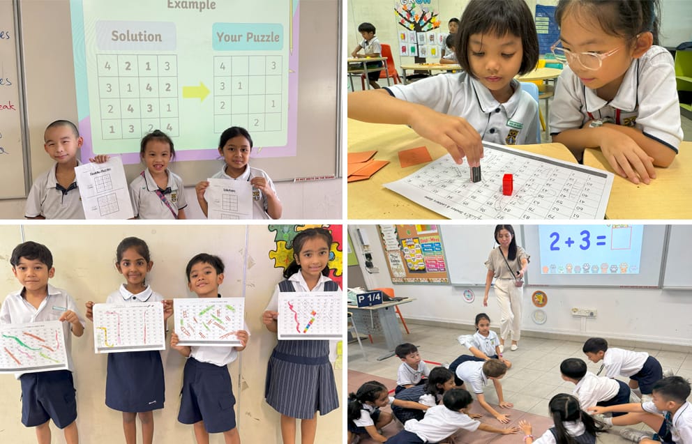 Four classroom scenes showing young students doing math activities, including puzzles, worksheets, and a 2+3 addition lesson.